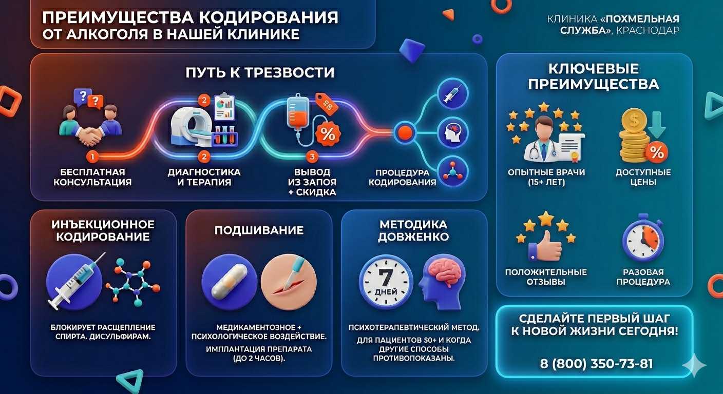 Инфографика о методах кодирования от алкоголя в Петропавловском: инъекции, подшивание, метод Довженко. Преимущества клиники и этапы лечения.