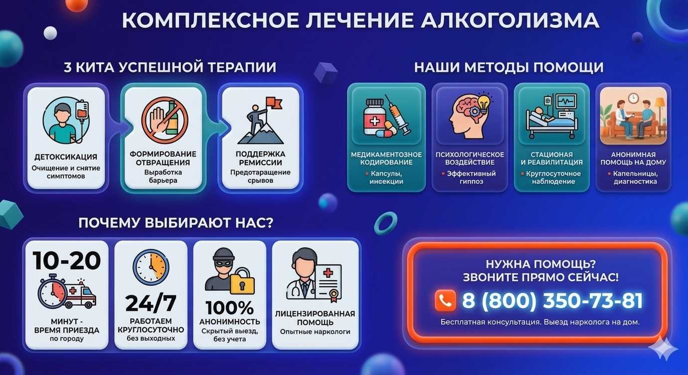 Инфографика о методах лечения алкоголизма в Петропавловском: детоксикация, кодирование и анонимная помощь на дому от клиники Похмельная служба.