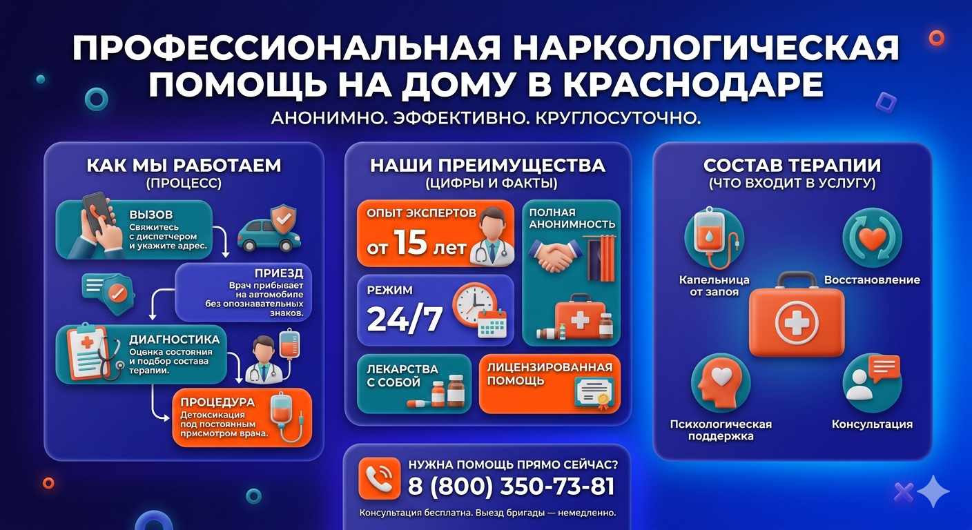 Инфографика о принципах лечения алкоголизма на дому в Петропавловском: этапы вызова нарколога, преимущества анонимной детоксикации и состав медицинской помощи.